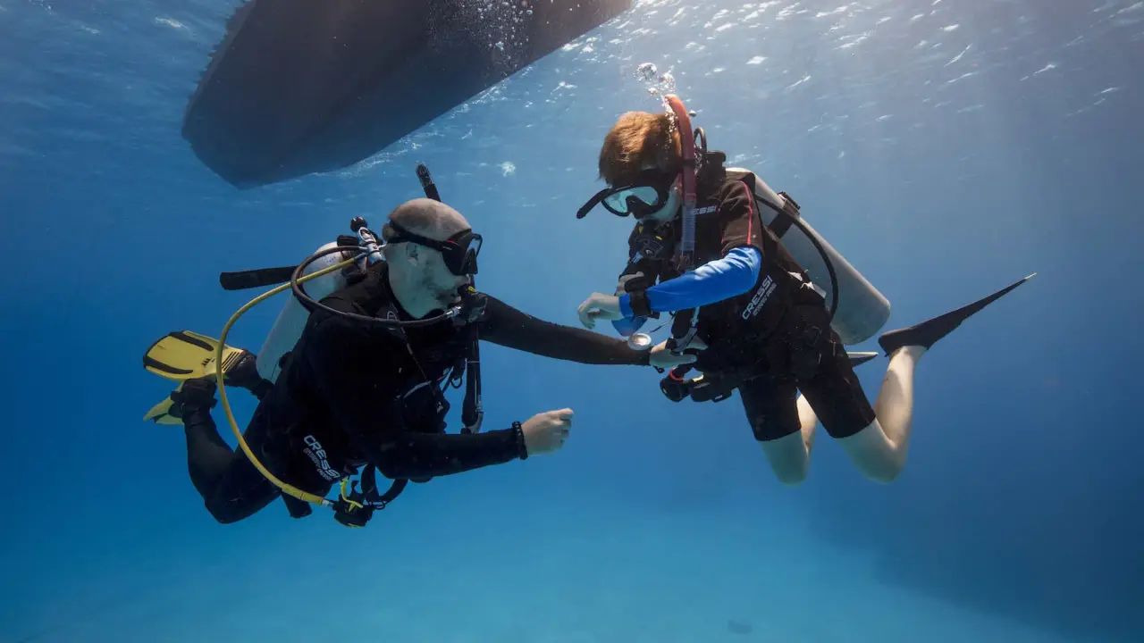 Young divers gliding over a Boracay reef in clear blue water